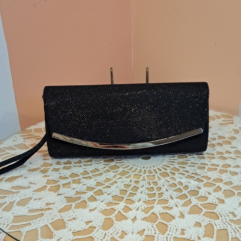 Ardene Black Sparkle Clutch with Silver Bar Accent
